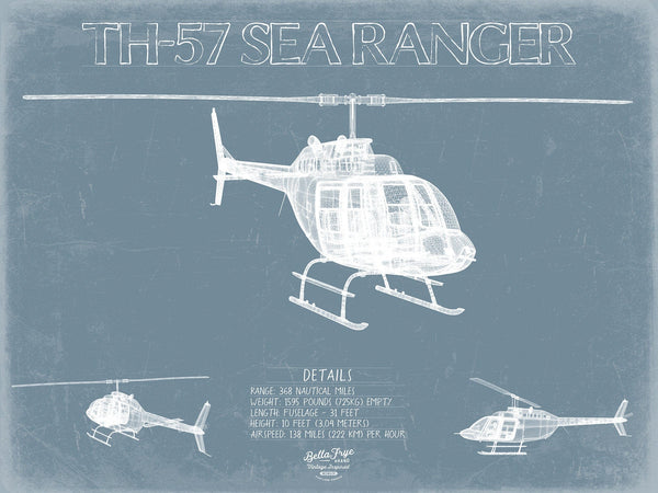 Bella Frye Bell TH-57 Sea Ranger Helicopter Blueprint Wall Art - Original Helicopter Print