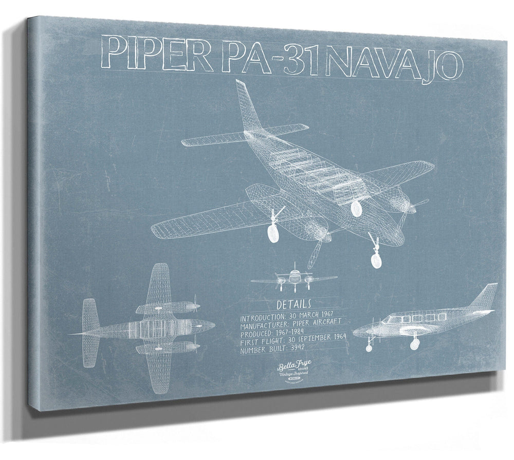 Bella Frye Piper PA-31 Navajo Aircraft Blueprint Wall Art - Original Airplane Print