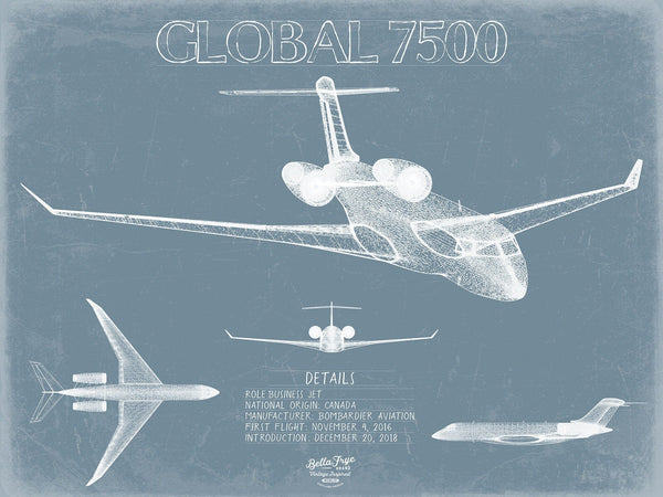 Bella Frye Bombardier Global 7500 Aircraft Blueprint Wall Art - Original Aviation Plane Print