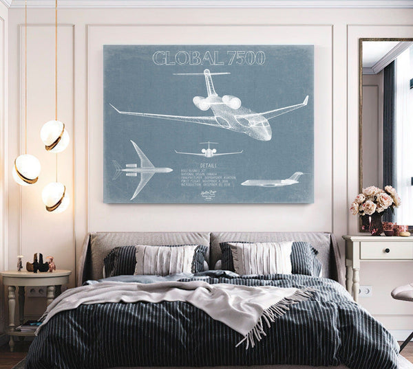 Bella Frye Bombardier Global 7500 Aircraft Blueprint Wall Art - Original Aviation Plane Print