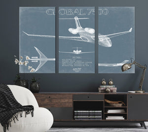 Bella Frye Bombardier Global 7500 Aircraft Blueprint Wall Art - Original Aviation Plane Print