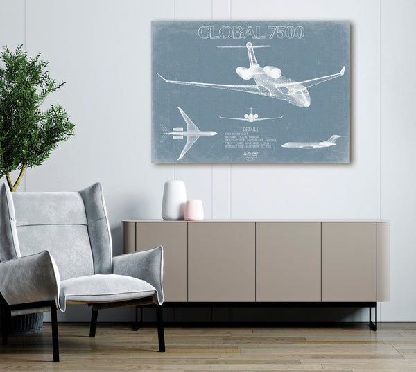 Bella Frye Bombardier Global 7500 Aircraft Blueprint Wall Art - Original Aviation Plane Print