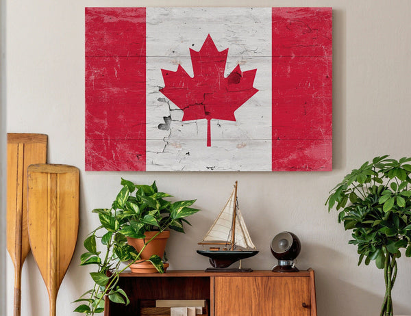 Bella Frye Canada Flag Wall Art - Vintage Canadian Flag Sign Weathered Wood Style on Canvas