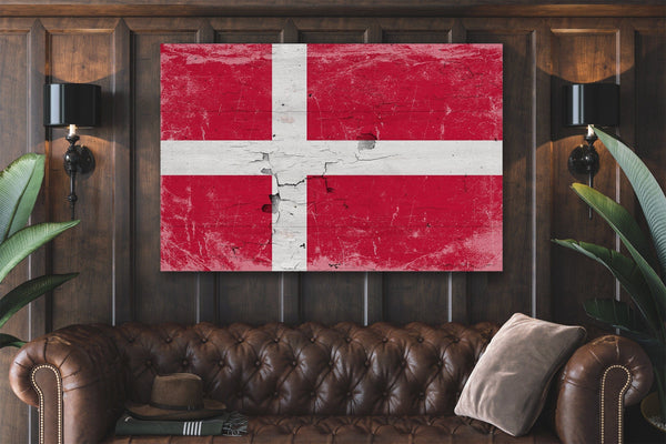 Bella Frye Denmark Flag Wall Art - Vintage Danish Flag Sign Weathered Wood Style on Canvas