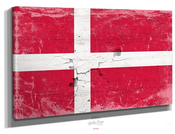 Bella Frye Denmark Flag Wall Art - Vintage Danish Flag Sign Weathered Wood Style on Canvas