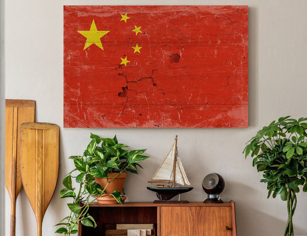 Bella Frye China Flag Wall Art - Vintage China Flag Sign Weathered Wood Style on Canvas