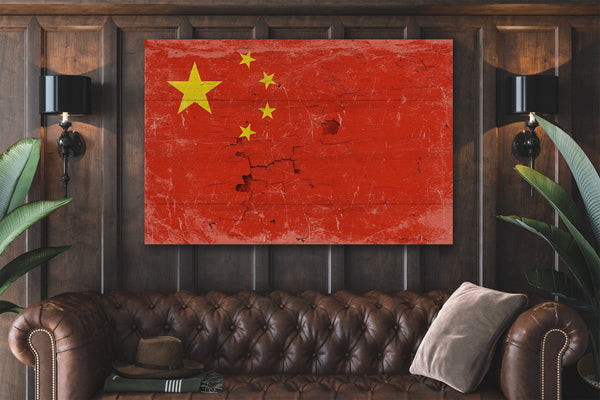 Bella Frye China Flag Wall Art - Vintage China Flag Sign Weathered Wood Style on Canvas