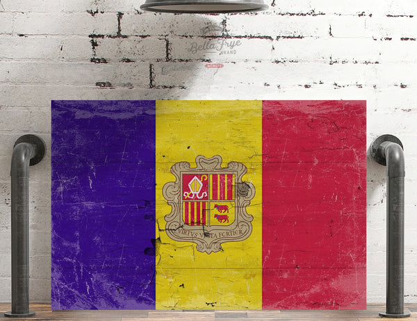 Bella Frye Andorra Flag Wall Art - Vintage Andorra Flag Sign Weathered Wood Style on Canvas