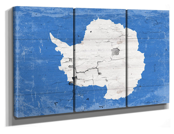 Bella Frye 72 x 40 (3 Panel) Antarctica Flag Wall Art - Vintage Antarctica Flag Sign Weathered Wood Style on Canvas