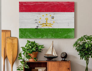 Bella Frye Tajikistan Flag Wall Art - Vintage Tajikistan Flag Sign Weathered Wood Style on Canvas