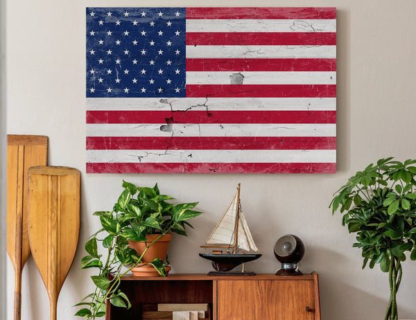 Bella Frye United States Flag Wall Art - Vintage U.S. Flag Sign Weathered Wood Style on Canvas