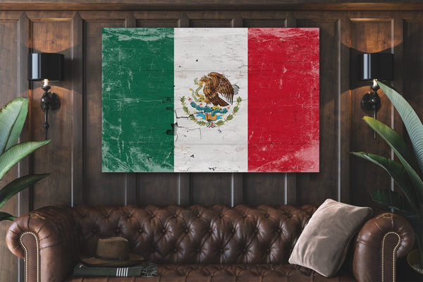 Bella Frye Mexico Flag Wall Art - Vintage Mexican Flag Sign Weathered Wood Style on Canvas