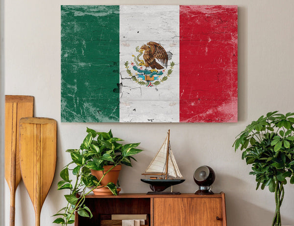 Bella Frye Mexico Flag Wall Art - Vintage Mexican Flag Sign Weathered Wood Style on Canvas