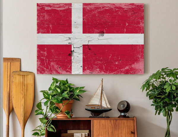 Bella Frye Denmark Flag Wall Art - Vintage Danish Flag Sign Weathered Wood Style on Canvas