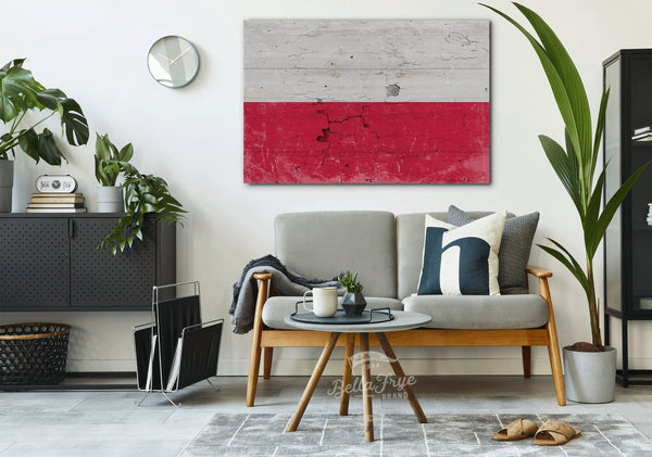 Bella Frye Poland Flag Wall Art - Vintage Poland Flag Sign Weathered Wood Style on Canvas