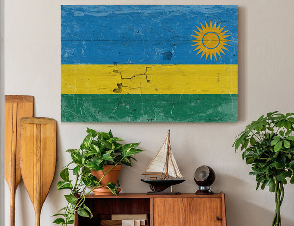 Bella Frye Rwanda Flag Wall Art - Vintage Rwanda Flag Sign Weathered Wood Style on Canvas