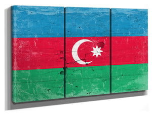 Bella Frye 36" x 24" / 3 Panel Canvas Wrap Azerbaijan Flag Wall Art - Vintage Azerbaijan Flag Sign Weathered Wood Style on Canvas