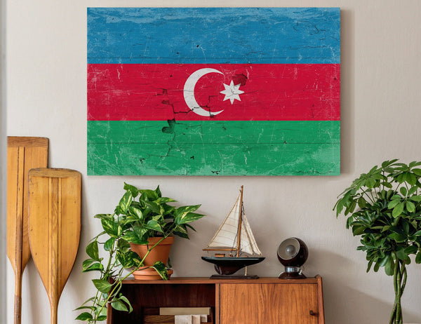 Bella Frye Azerbaijan Flag Wall Art - Vintage Azerbaijan Flag Sign Weathered Wood Style on Canvas