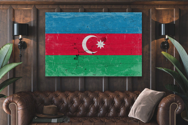 Bella Frye Azerbaijan Flag Wall Art - Vintage Azerbaijan Flag Sign Weathered Wood Style on Canvas