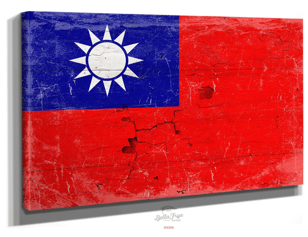 Bella Frye Taiwan Flag Wall Art - Vintage Taiwan Flag Sign Weathered Wood Style on Canvas