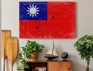 Bella Frye Taiwan Flag Wall Art - Vintage Taiwan Flag Sign Weathered Wood Style on Canvas