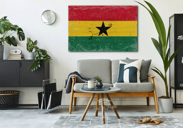 Bella Frye Ghana Flag Wall Art - Vintage Ghana Flag Sign Weathered Wood Style on Canvas