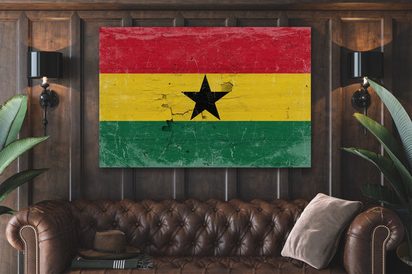 Bella Frye Ghana Flag Wall Art - Vintage Ghana Flag Sign Weathered Wood Style on Canvas