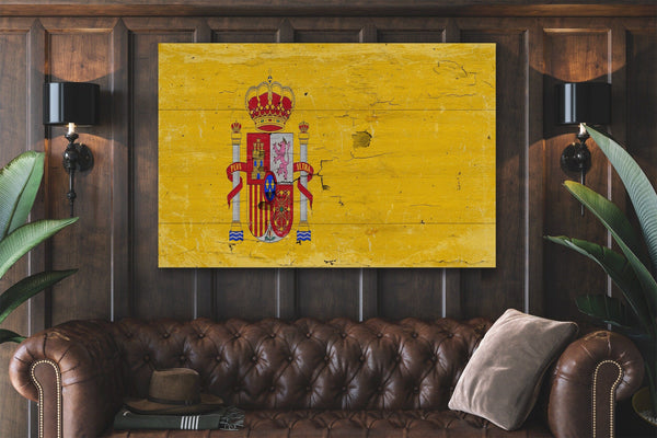 Bella Frye Spain Flag Wall Art - Vintage Spain Flag Sign Weathered Wood Style on Canvas