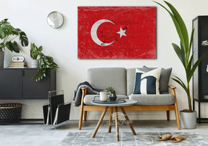 Bella Frye Turkey Flag Wall Art - Vintage Turkey Flag Sign Weathered Wood Style on Canvas