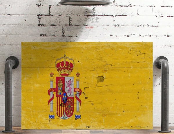 Bella Frye Spain Flag Wall Art - Vintage Spain Flag Sign Weathered Wood Style on Canvas