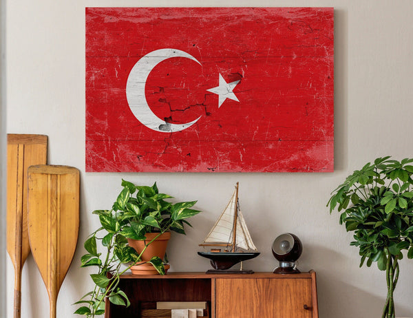 Bella Frye Turkey Flag Wall Art - Vintage Turkey Flag Sign Weathered Wood Style on Canvas