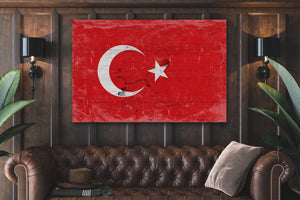 Bella Frye Turkey Flag Wall Art - Vintage Turkey Flag Sign Weathered Wood Style on Canvas