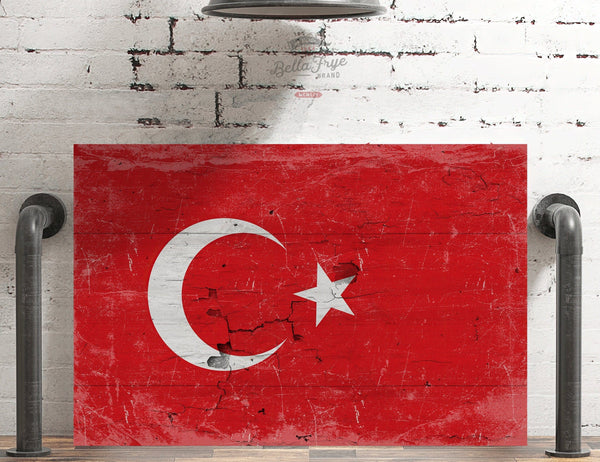 Bella Frye Turkey Flag Wall Art - Vintage Turkey Flag Sign Weathered Wood Style on Canvas