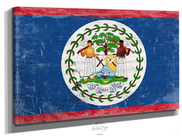 Bella Frye 14" x 11" / Stretched Canvas Wrap Belize Flag Wall Art - Vintage Belize Flag Sign Weathered Wood Style on Canvas