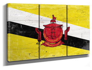 Bella Frye 36" x 24" / 3 Panel Canvas Wrap Brunei Flag Wall Art - Vintage Brunei Flag Sign Weathered Wood Style on Canvas