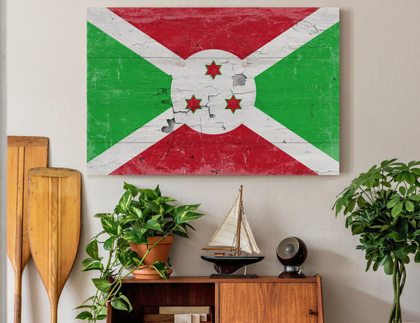 Bella Frye Burundi Flag Wall Art - Vintage Burundi Flag Sign Weathered Wood Style on Canvas