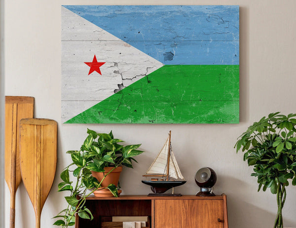 Bella Frye Djibouti Flag Wall Art - Vintage Djibouti Flag Sign Weathered Wood Style on Canvas