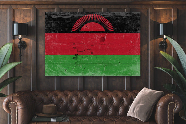 Bella Frye Malawi Flag Wall Art - Vintage Malawi Flag Sign Weathered Wood Style on Canvas