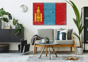 Bella Frye Mongolia Flag Wall Art - Vintage Mongolia Flag Sign Weathered Wood Style on Canvas