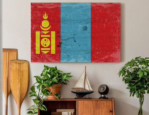 Bella Frye Mongolia Flag Wall Art - Vintage Mongolia Flag Sign Weathered Wood Style on Canvas