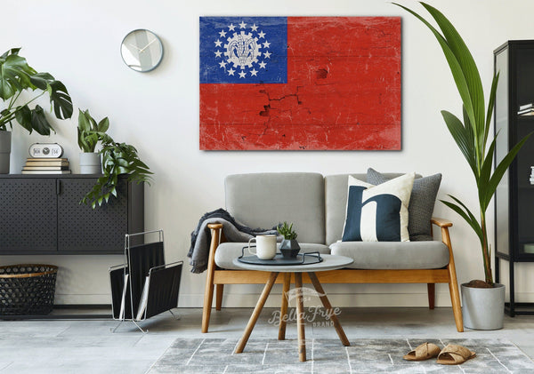 Bella Frye Myanmar Flag Wall Art - Vintage Myanmar Flag Sign Weathered Wood Style on Canvas