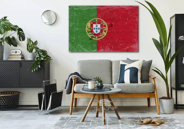 Bella Frye Portugal Flag Wall Art - Vintage Portugal Flag Sign Weathered Wood Style on Canvas