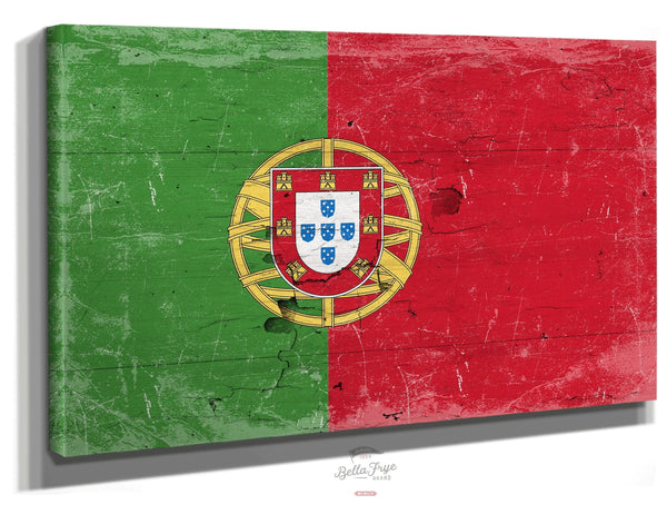 Bella Frye Portugal Flag Wall Art - Vintage Portugal Flag Sign Weathered Wood Style on Canvas