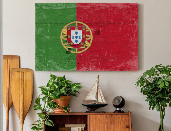 Bella Frye Portugal Flag Wall Art - Vintage Portugal Flag Sign Weathered Wood Style on Canvas