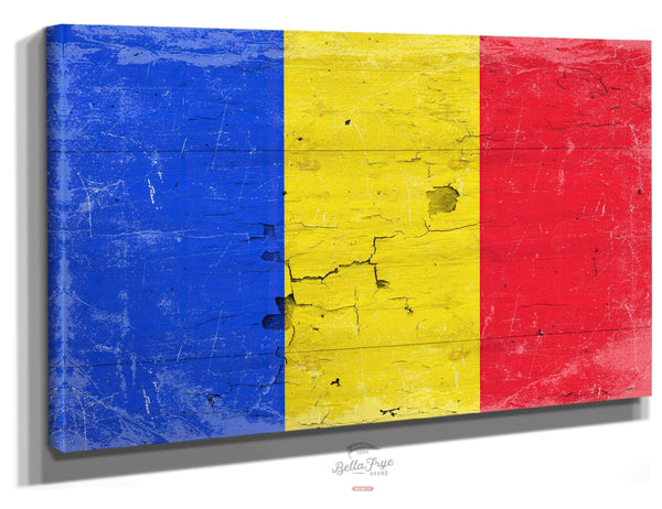 Bella Frye Romania Flag Wall Art - Vintage Romania Flag Sign Weathered Wood Style on Canvas