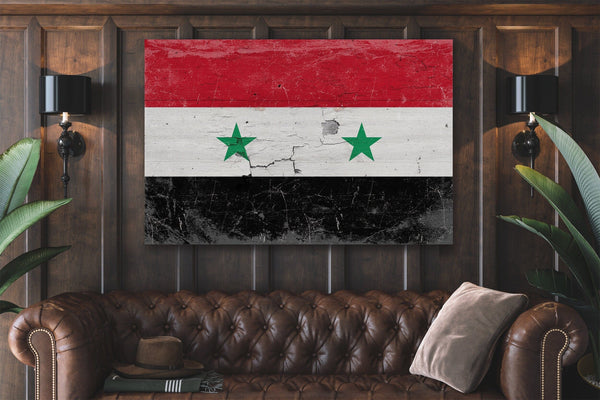 Bella Frye Syria Flag Wall Art - Vintage Syria Flag Sign Weathered Wood Style on Canvas