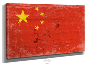 Bella Frye 18 x 12 China Flag Wall Art - Vintage China Flag Sign Weathered Wood Style on Canvas