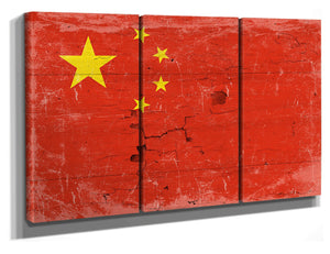 Bella Frye 72 x 40 (3 Panel) China Flag Wall Art - Vintage China Flag Sign Weathered Wood Style on Canvas