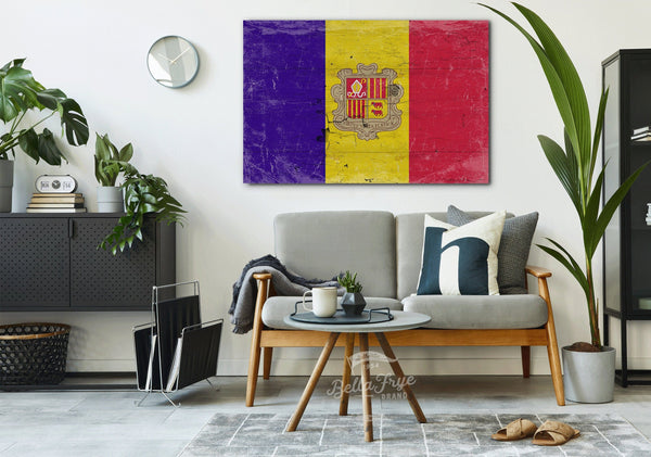 Bella Frye Andorra Flag Wall Art - Vintage Andorra Flag Sign Weathered Wood Style on Canvas