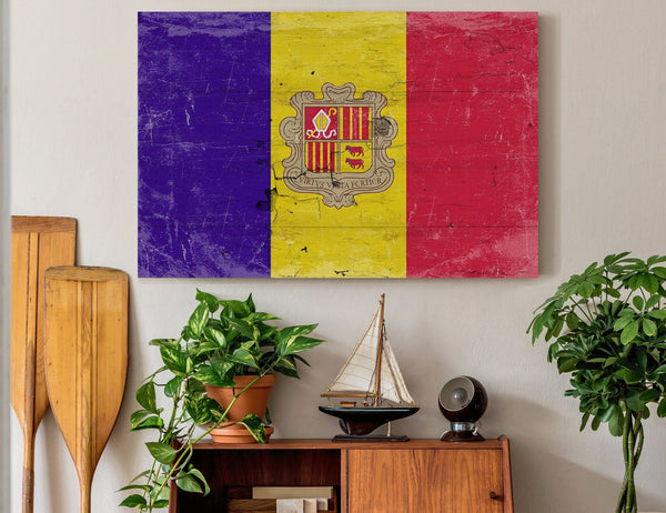 Bella Frye Andorra Flag Wall Art - Vintage Andorra Flag Sign Weathered Wood Style on Canvas